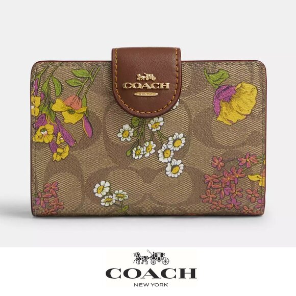🌸 Coach Medium Corner Zip Wallet In Signature Canvas With Floral Print - Picture 1 of 15